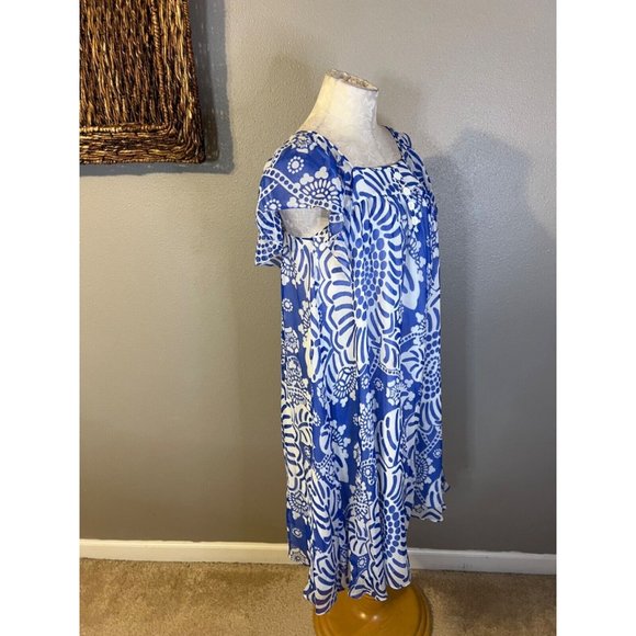 Anthropologie Tibi Silk Dress 6 Blue Ivory Short Sleeve Relaxed Fit Shift Flowy - Picture 8 of 15